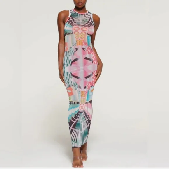 SKIMS High Neck Summer Mesh Long Maxi Dress Stretchy Deco Train - Picture 1 of 5